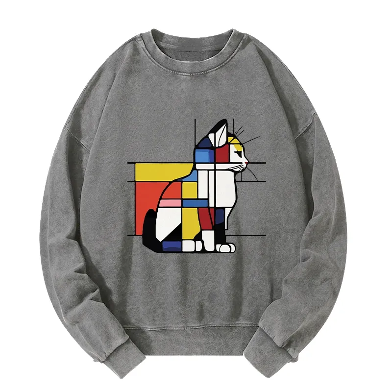 Tokyo-Tiger Geometric Cat Art In Primary Colors Washed Sweatshirt
