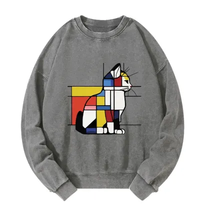 Tokyo-Tiger Geometric Cat Art In Primary Colors Washed Sweatshirt