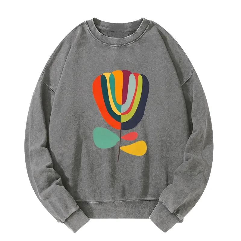 Tokyo-Tiger Colorful Flower Minimalist Print Washed Sweatshirt