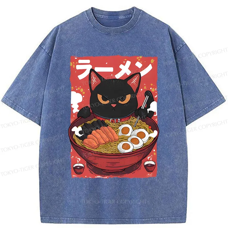 Tokyo-Tiger Black Cat Eating Ramen Washed T-Shirt