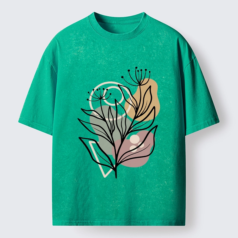Tokyo-Tiger Soft Boho Floral Line Art Washed T-Shirt