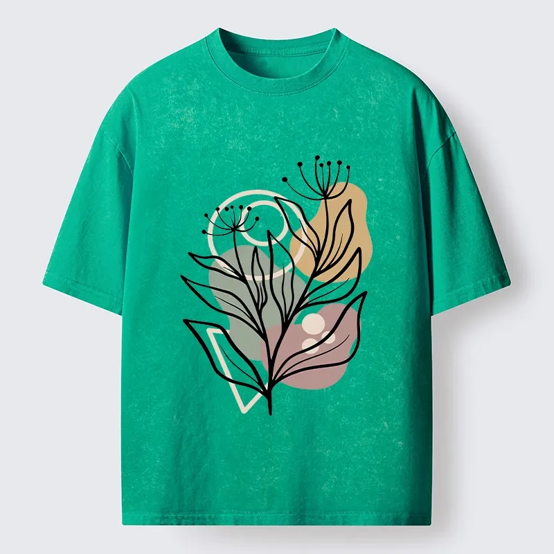 Tokyo-Tiger Soft Boho Floral Line Art Washed T-Shirt