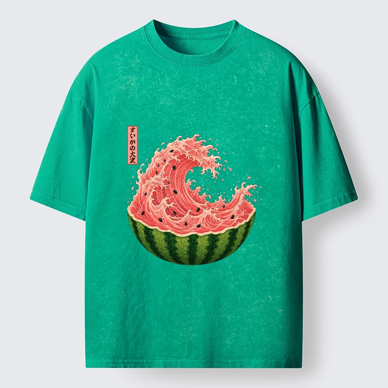 Tokyo-Tiger Watermelon Wave Summer Ukiyo Art Washed T-Shirt