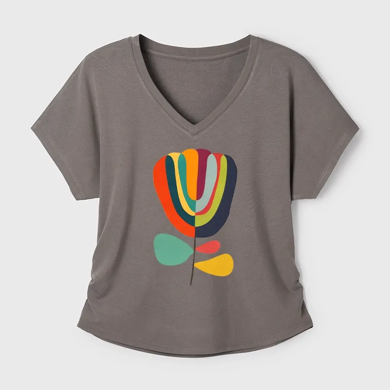 Tokyo-Tiger Colorful Flower Minimalist Print Modal Dolman Sleeve T-Shirt Sale