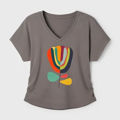 Tokyo-Tiger Colorful Flower Minimalist Print Modal Dolman Sleeve T-Shirt