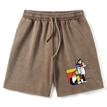 Tokyo-Tiger Geometric Cat Art In Primary Colors Washed Shorts