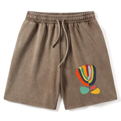 Tokyo-Tiger Colorful Flower Minimalist Print Washed Shorts
