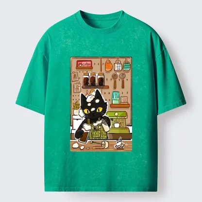 Tokyo-Tiger Black Cat Barista Makes Coffee Foam Washed T-Shirt
