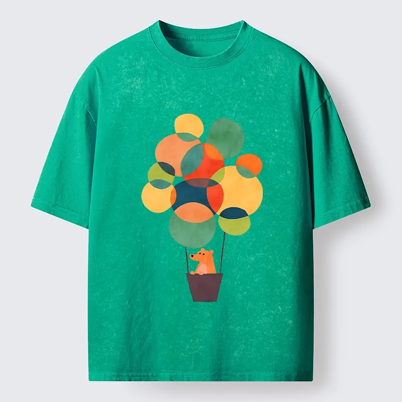 Tokyo-Tiger Bear Rides Colorful Balloon Basket Washed T-Shirt