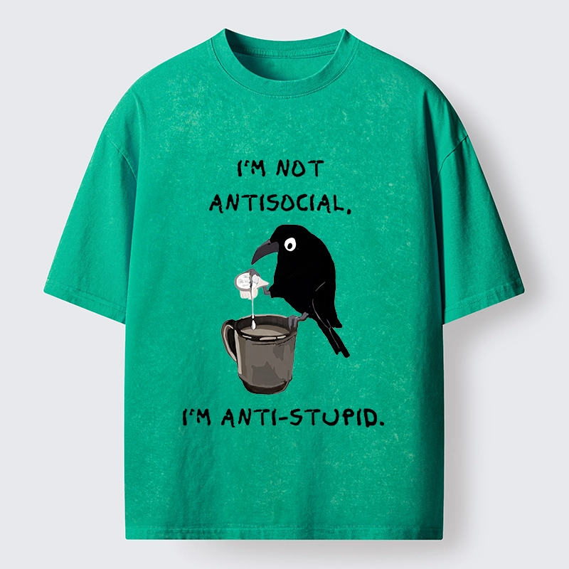 Tokyo-Tiger Cool Crow Sips Calm Coffee Alone Washed T-Shirt