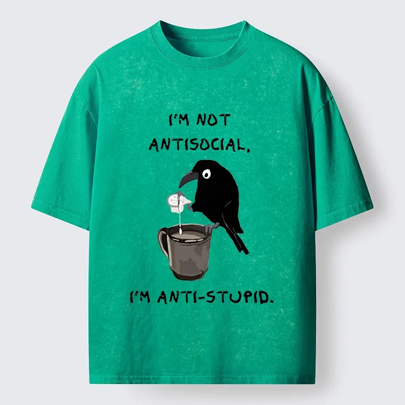 Tokyo-Tiger Cool Crow Sips Calm Coffee Alone Washed T-Shirt