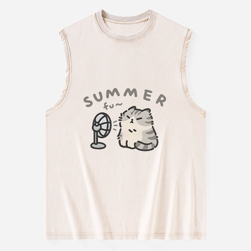 Tokyo-Tiger Summer Cat Chills With A Fan Washed Tank