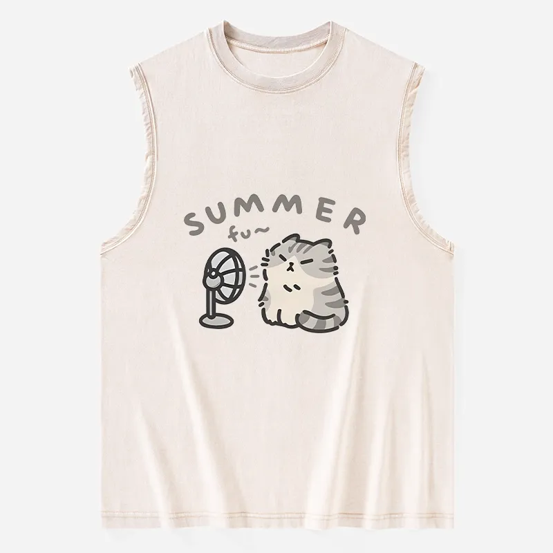 Tokyo-Tiger Summer Cat Chills With A Fan Washed Tank