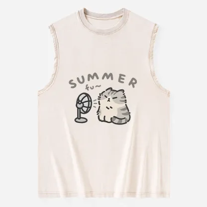 Tokyo-Tiger Summer Cat Chills With A Fan Washed Tank