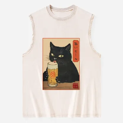 Tokyo-Tiger Cat Holding A Glass Of Beer Washed Tank
