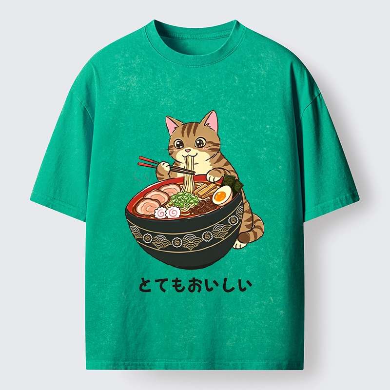 Tokyo-Tiger Cat Eat Delicious Hot Ramen Washed T-Shirt
