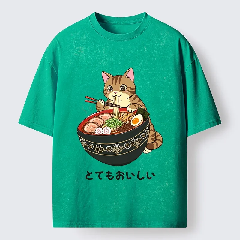 Tokyo-Tiger Cat Eat Delicious Hot Ramen Washed T-Shirt