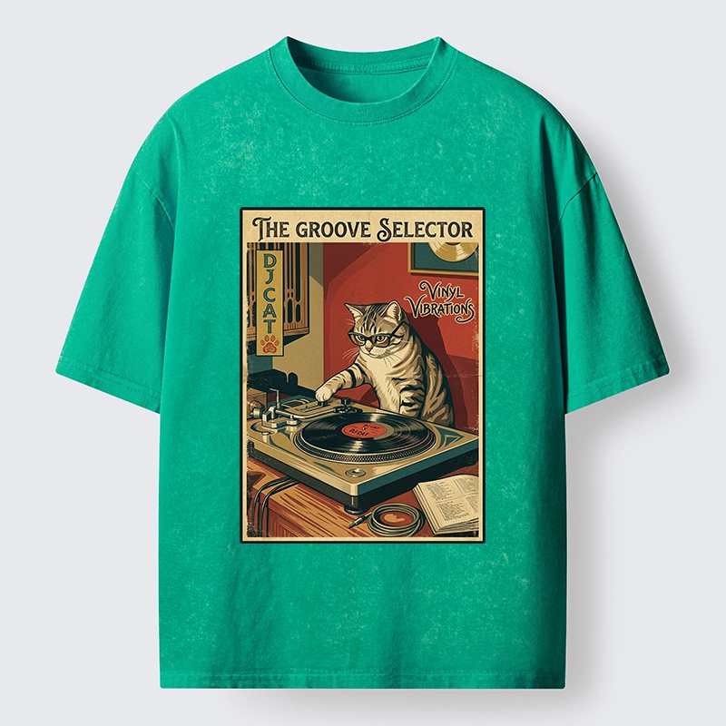 Tokyo-Tiger Retro DJ Cat Vinyl Record Art Washed T-Shirt