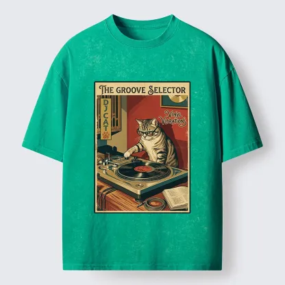 Tokyo-Tiger Retro DJ Cat Vinyl Record Art Washed T-Shirt
