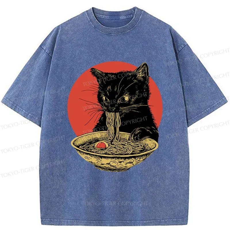 Tokyo-Tiger Retro Black Cat Eating Ramen Washed T-Shirt