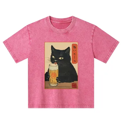 Tokyo-Tiger Cat Holding A Glass Of Beer Kids Washed T-Shirt