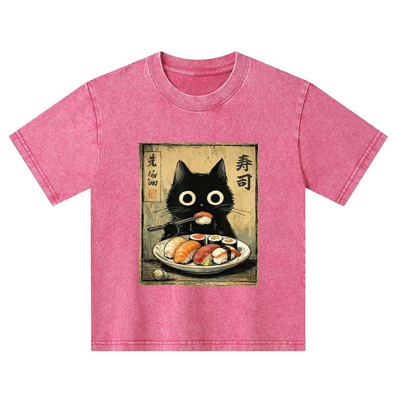 Tokyo-Tiger  Vintage Japanese Sushi Cat Kids Washed T-Shirt