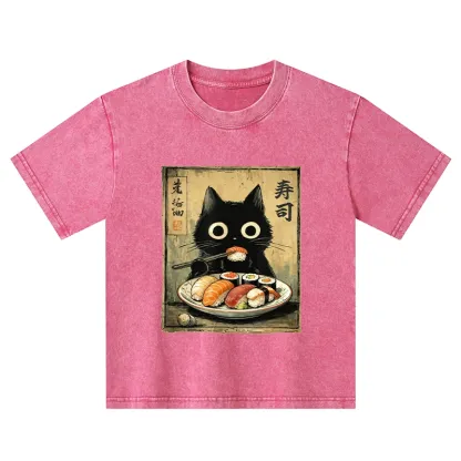 Tokyo-Tiger  Vintage Japanese Sushi Cat Kids Washed T-Shirt