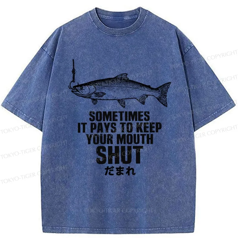 Tokyo-Tiger Funny Fish Shut Up Washed T-Shirt