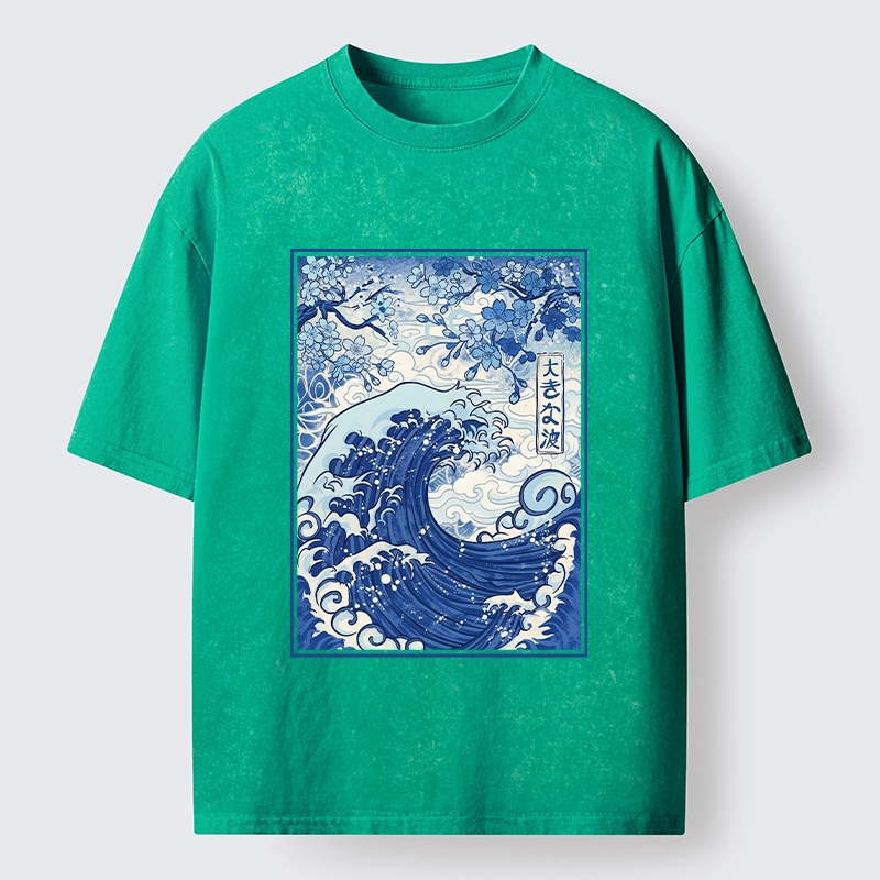 Tokyo-Tiger Vintage Japanese Wave Sakura Print Washed T-Shirt