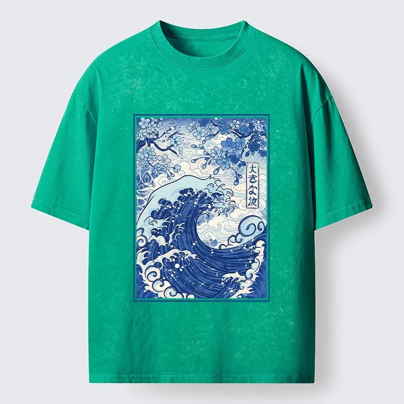 Tokyo-Tiger Vintage Japanese Wave Sakura Print Washed T-Shirt