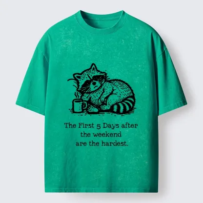 Tokyo-Tiger Funny Meme Monday Blues Coffee Raccoon Washed T-Shirt