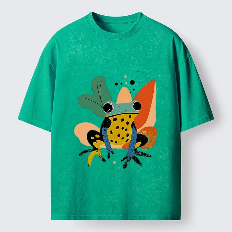 Tokyo-Tiger Vibrant Shapes Colorful Jungle Frog Tee Washed T-Shirt