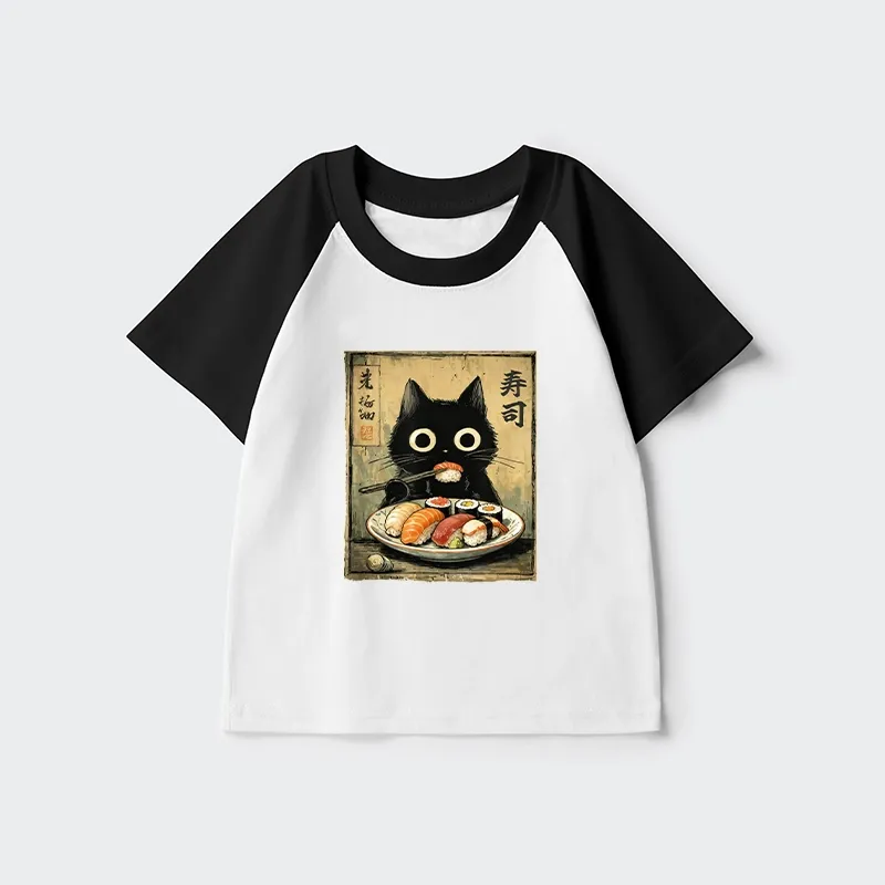 Tokyo-Tiger Vintage Japanese Sushi Cat Kids Raglan T-shirt