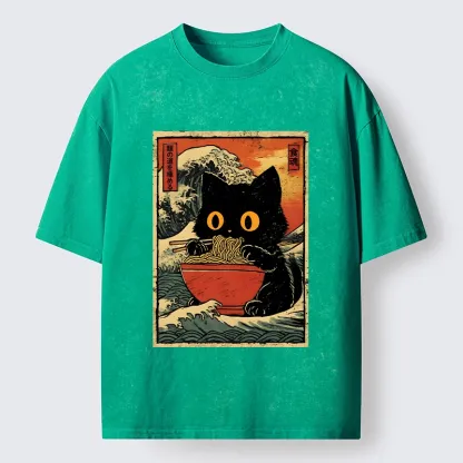 Tokyo-Tiger Cool Wave Art Cat Loves Ramen Bowl Washed T-Shirt