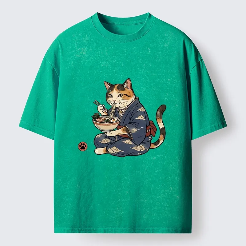 Tokyo-Tiger Traditional Japanese Cat Noodle Lover Washed T-Shirt