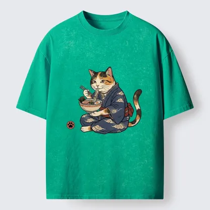 Tokyo-Tiger Traditional Japanese Cat Noodle Lover Washed T-Shirt