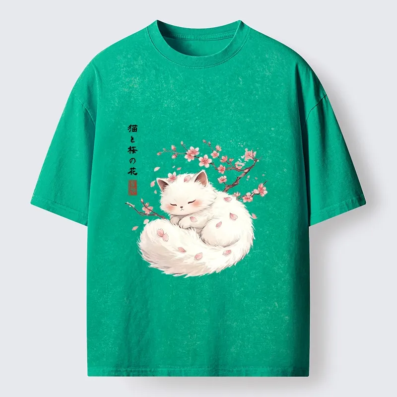 Tokyo-Tiger Soft Sakura White Cat Peaceful Sleep Washed T-Shirt