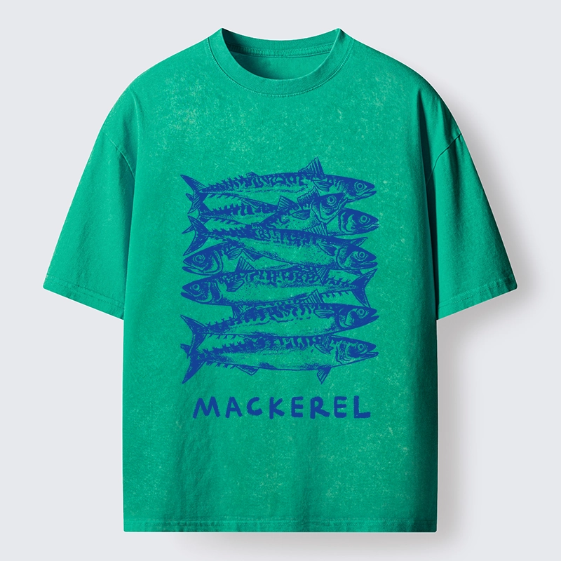Tokyo-Tiger Retro Block Print Blue Mackerel School Washed T-Shirt