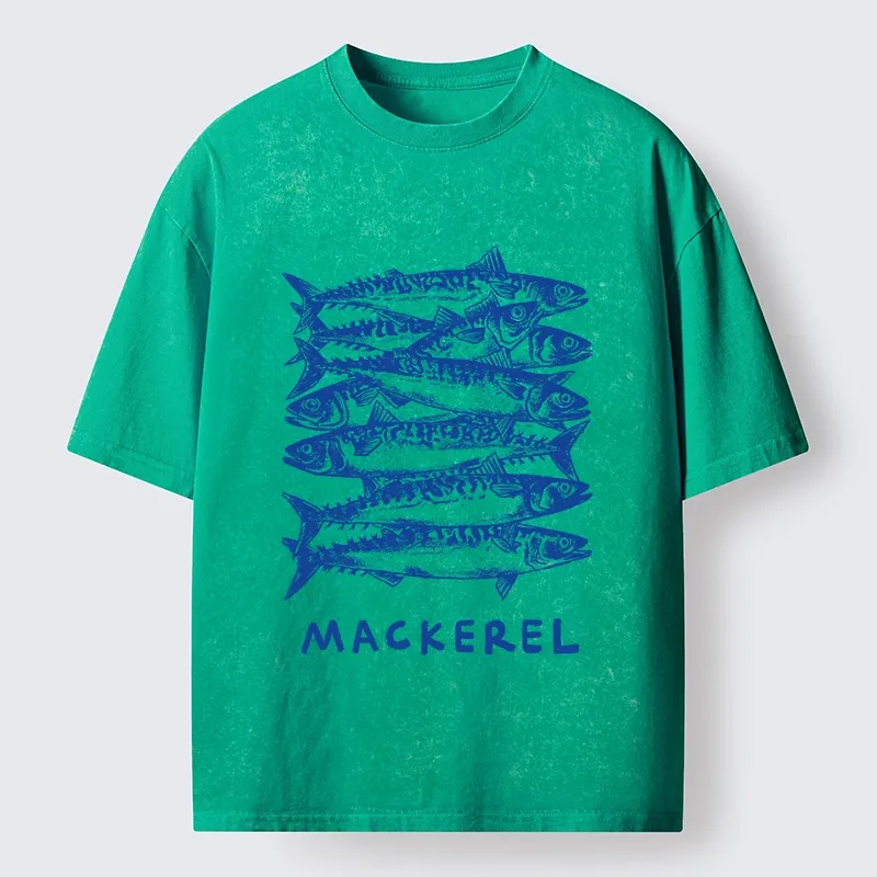 Tokyo-Tiger Retro Block Print Blue Mackerel School Washed T-Shirt