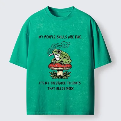 Tokyo-Tiger Relax Frog On Red Spotted Mushroom Washed T-Shirt