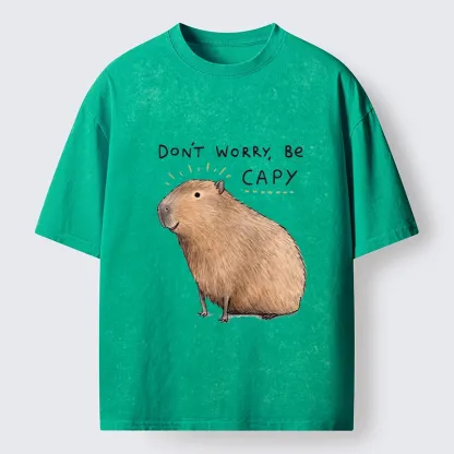 Tokyo-Tiger Calm Happy Capybara Relax Life Print Washed T-Shirt