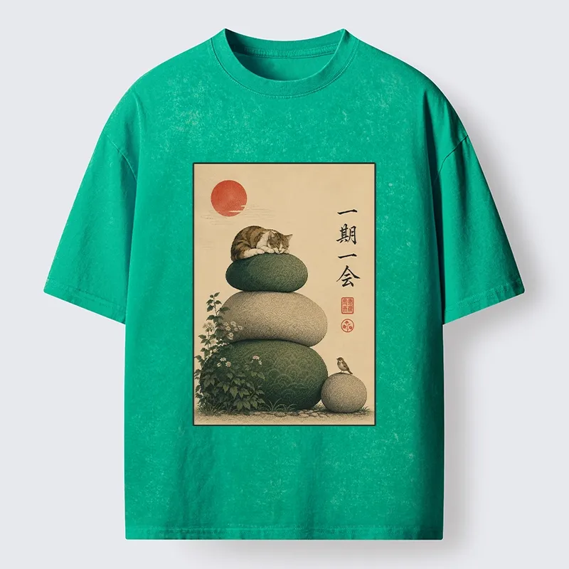 Tokyo-Tiger Peaceful Sleep Kitty Zen Garden Graphic Washed T-Shirt