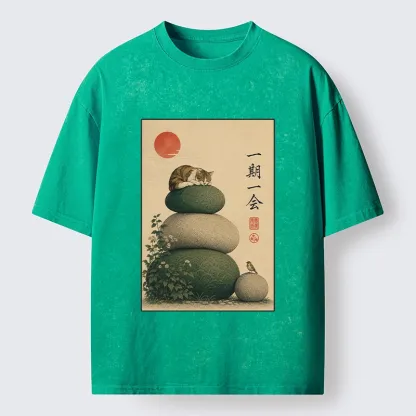 Tokyo-Tiger Peaceful Sleep Kitty Zen Garden Graphic Washed T-Shirt
