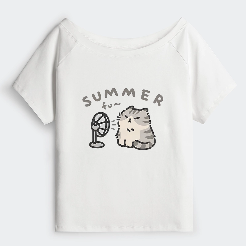 Tokyo-Tiger Summer Cat Chills With A Fan Off Shoulder T-Shirt