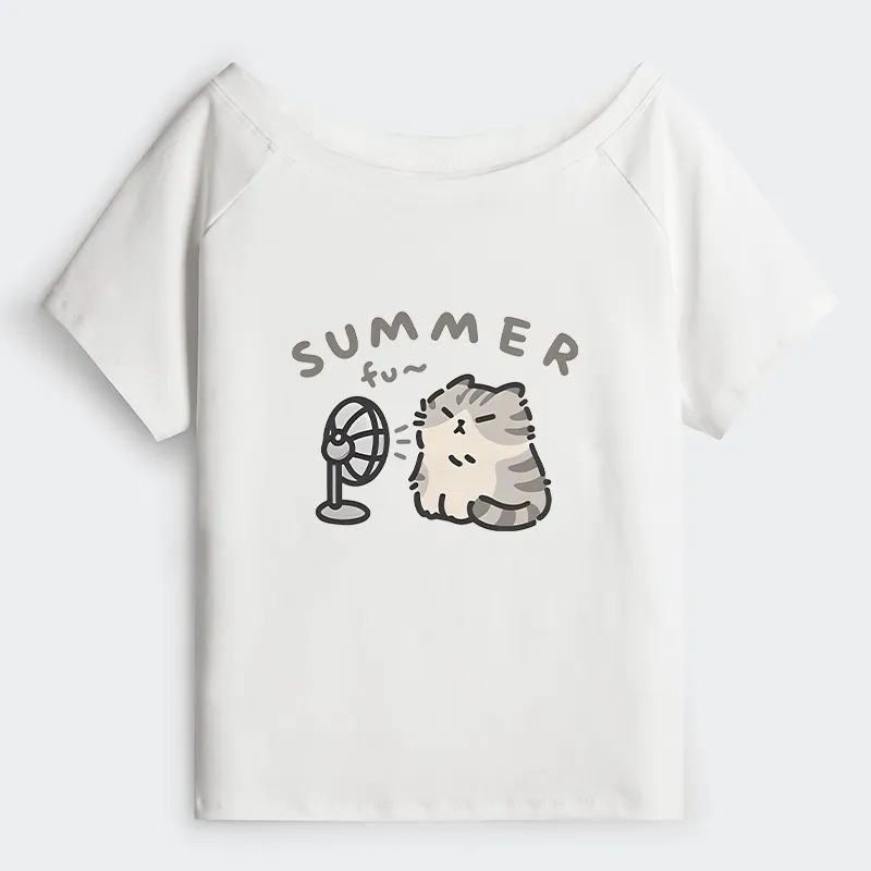 Tokyo-Tiger Summer Cat Chills With A Fan Off Shoulder T-Shirt