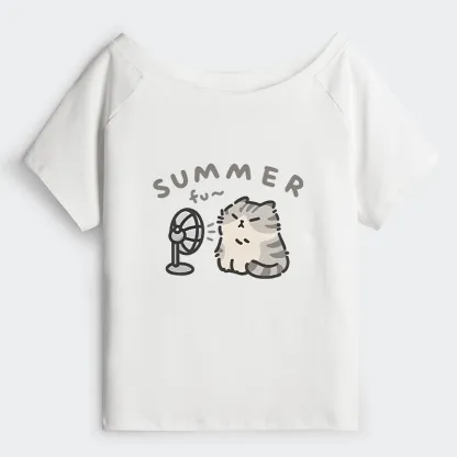 Tokyo-Tiger Summer Cat Chills With A Fan Off Shoulder T-Shirt