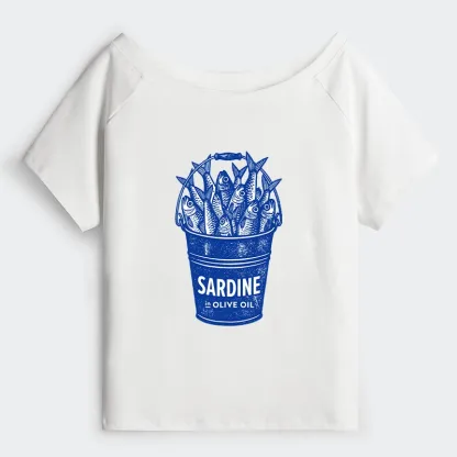 Tokyo-Tiger Vintage Bucket Full Of Fresh Sardines Off Shoulder T-Shirt