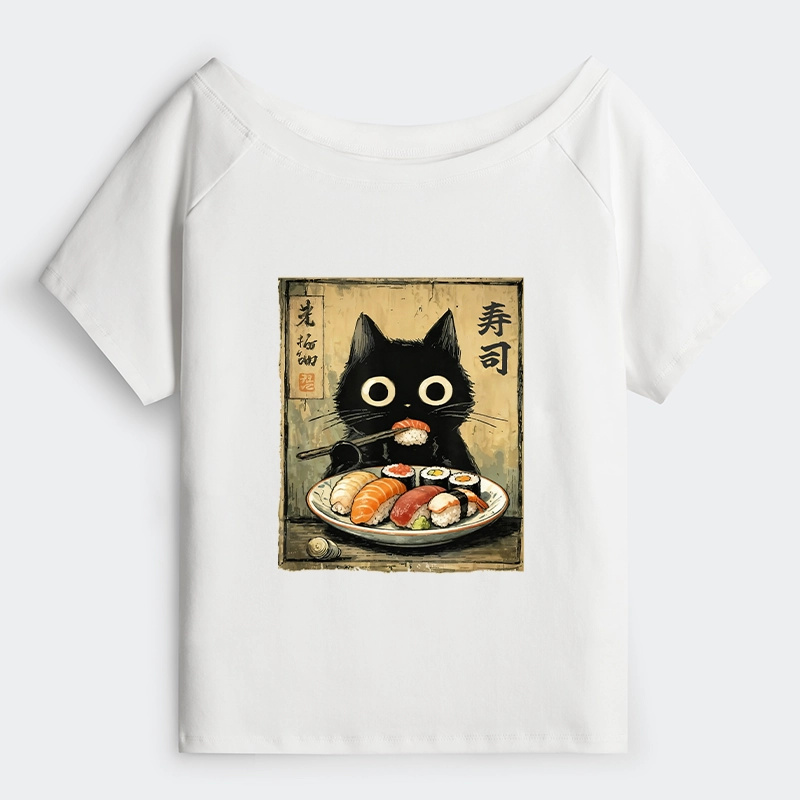 Tokyo-Tiger Vintage Japanese Sushi Cat Off Shoulder T-Shirt