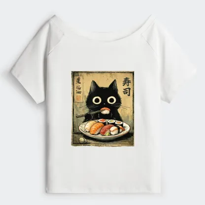 Tokyo-Tiger Vintage Japanese Sushi Cat Off Shoulder T-Shirt