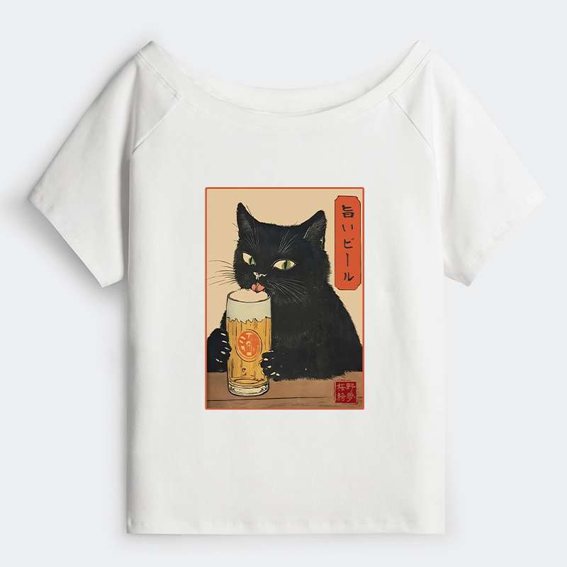 Tokyo-Tiger Cat Holding A Glass Of Beer Off Shoulder T-Shirt